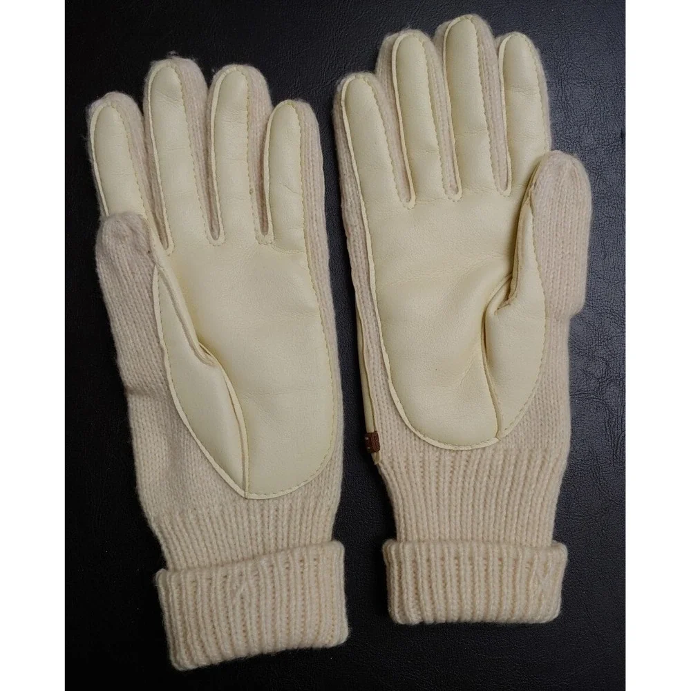 Vintage Womens Aris Knit Gloves 2 Pair One Size Faux Leather Burgundy Red White